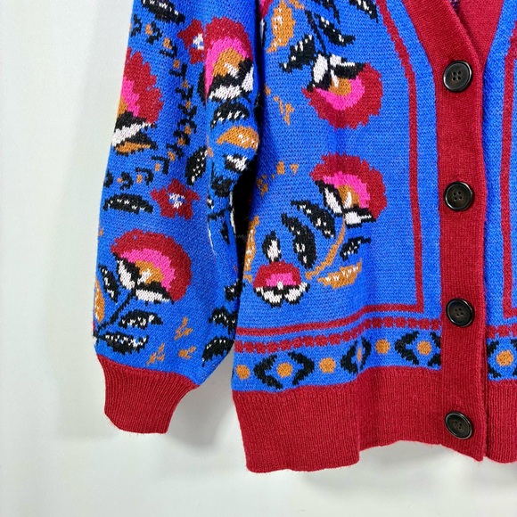 Farm Rio Palms Paradise Teal Cardigan Sweater Blue Red Medium NEW - Picture 13 of 17